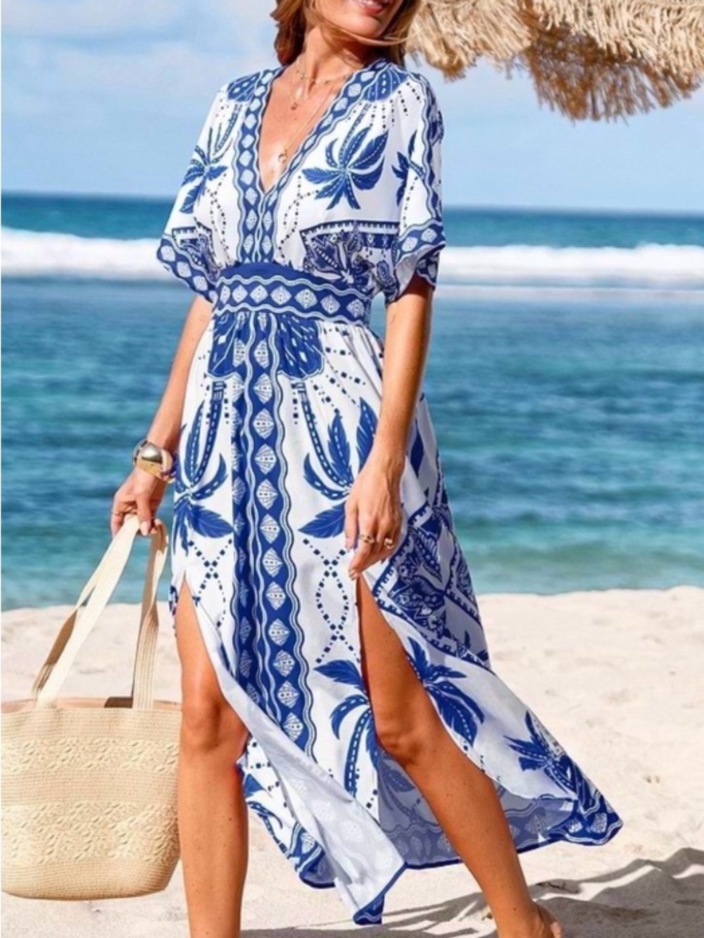 Cupshe Blue & White Printed High-Low Maxi Dress